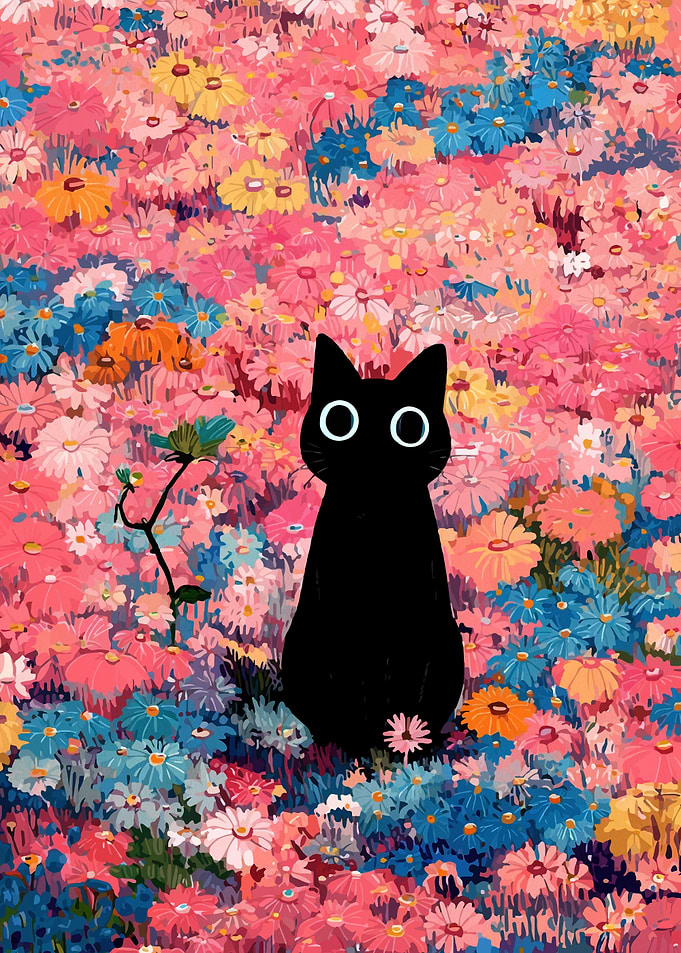Black Cat in a Field of Flowers