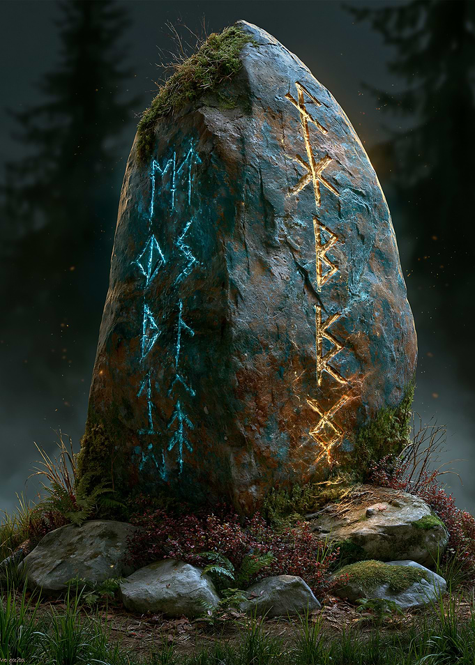 Mystical Rune Stone in Forest