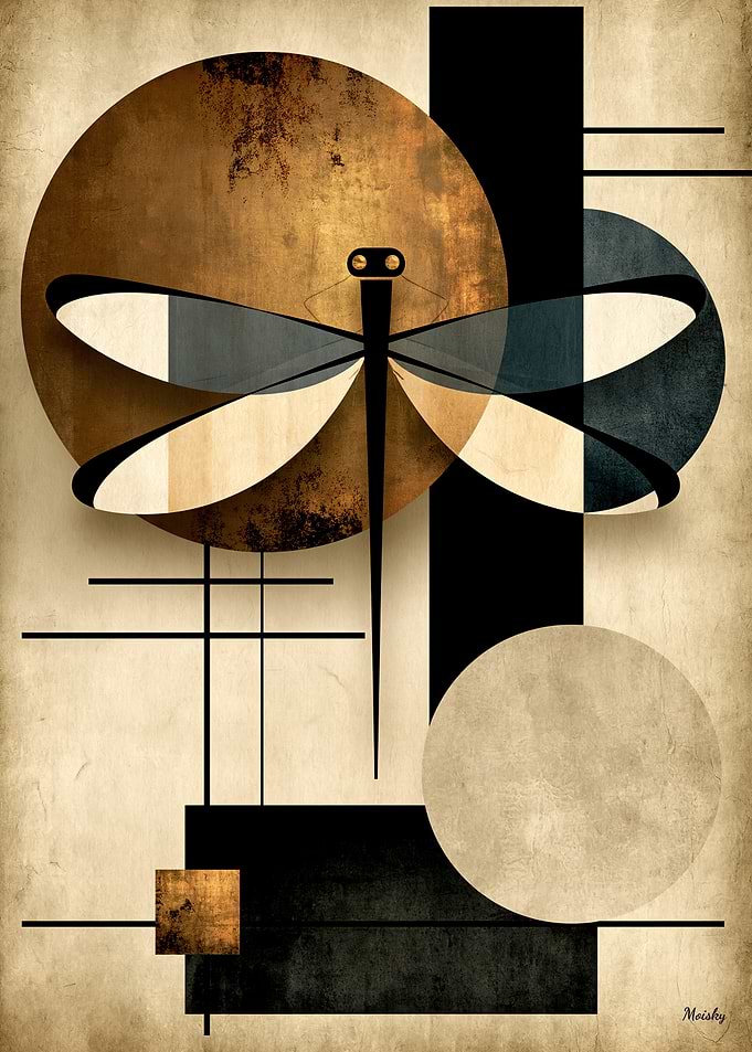 Golden Japandi Dragonfly No. 17 – Japanese Geometric Wall Art
