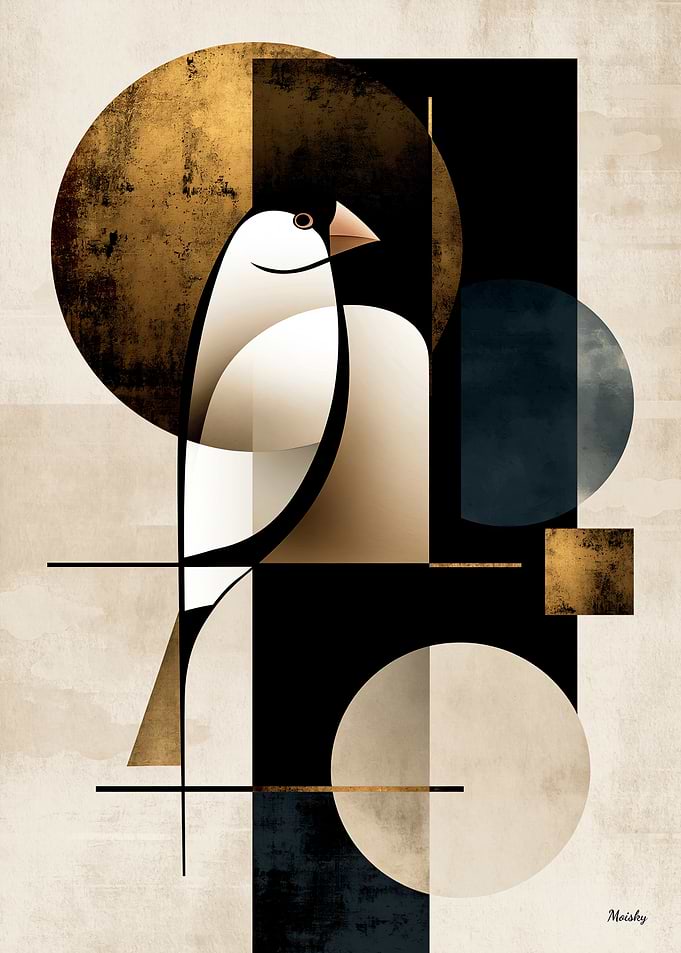Golden Japandi Java Sparrow No. 04 – Japanese Geometric Wall Art