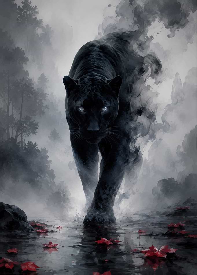 Mystical Black Panther in Smoky Forest