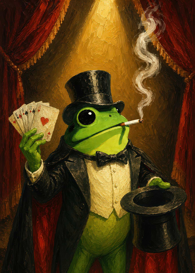 Frog Magician Holding Cards and Smoking