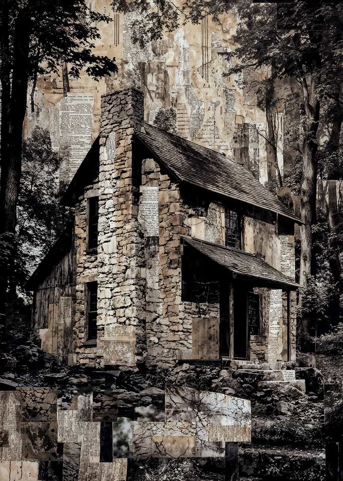 Stone House Forest Newspaper Collage