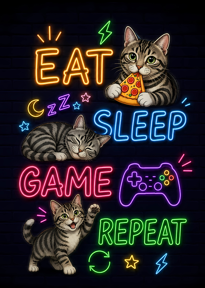 Cats Eat Sleep Game Repeat Neon Art