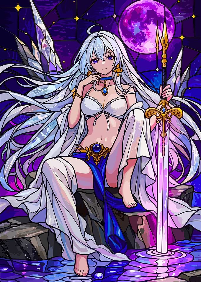 Anime Woman with Sword and Moon