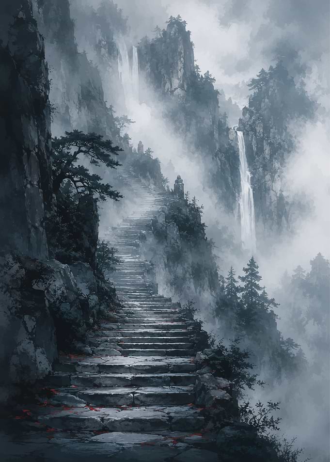 Misty Mountain Staircase with Waterfalls