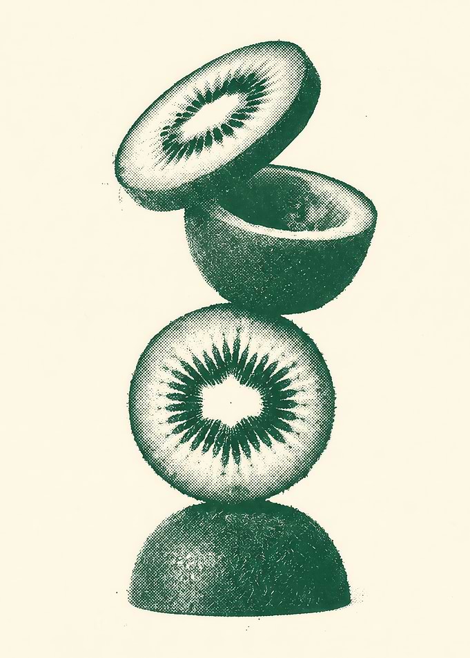 Stacked Kiwi Fruit Halftone Graphic Emerald Green Minimalist Kitchen Statement