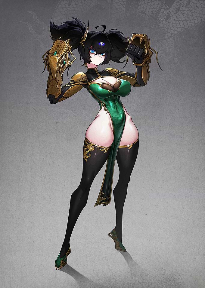 Anime Woman in Green Dress and Gauntlets