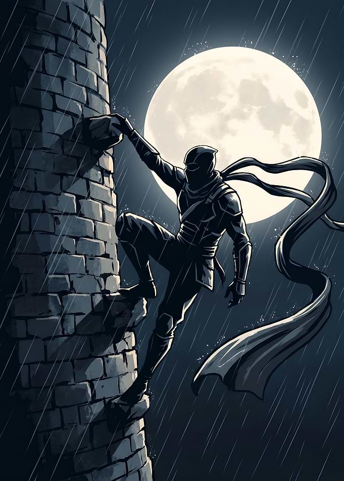 Shinobi Stealth Under the Rain-Slicked Moon