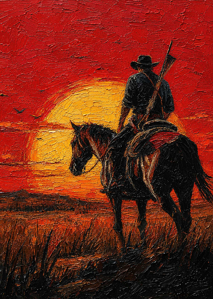 Cowboy on Horse at Sunset