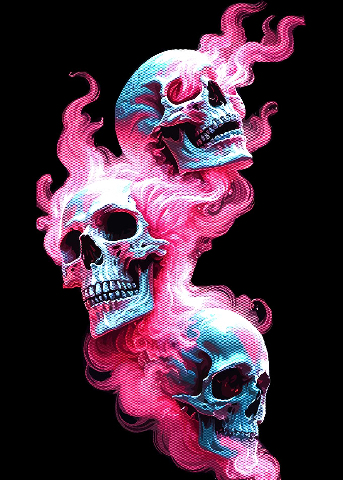 Three Skulls with Pink Smoke
