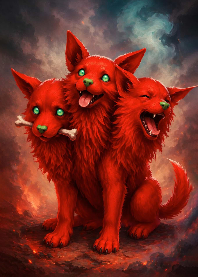 Three-headed red dog with bone