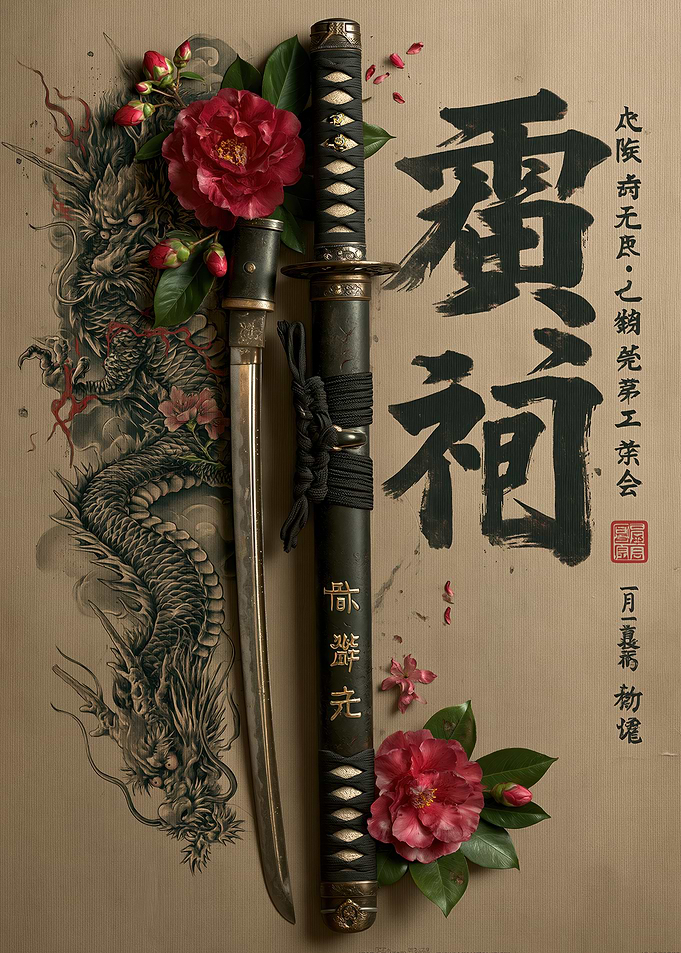 Samurai Sword with Dragon and Camellias