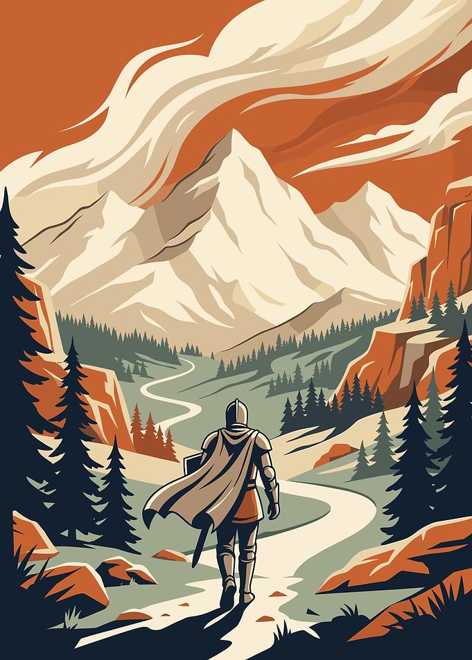 Knight walking on mountain path