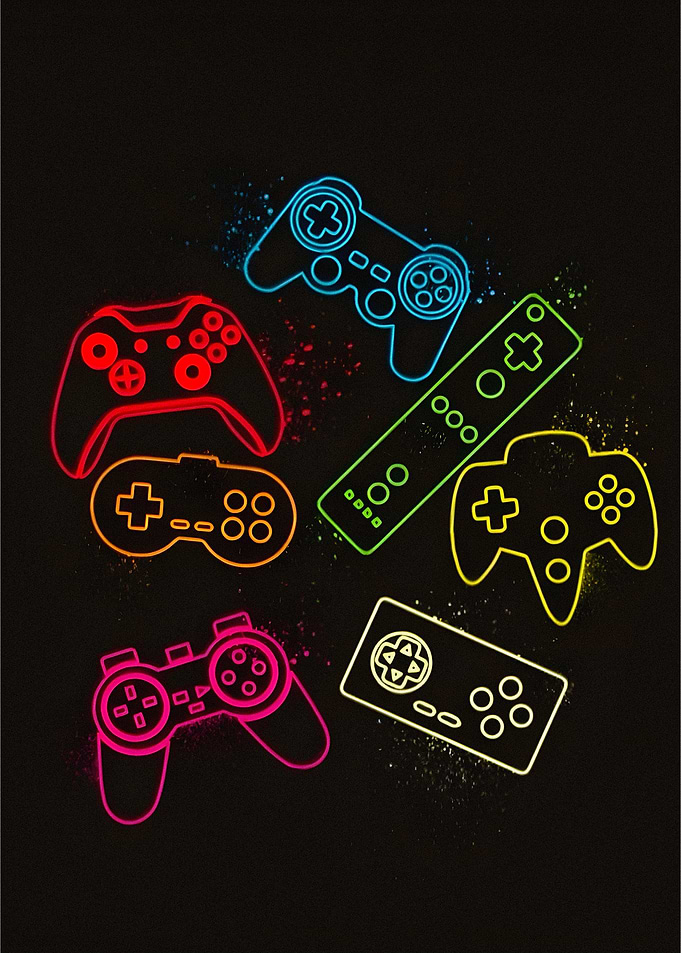 Neon Game Controllers on Black Background