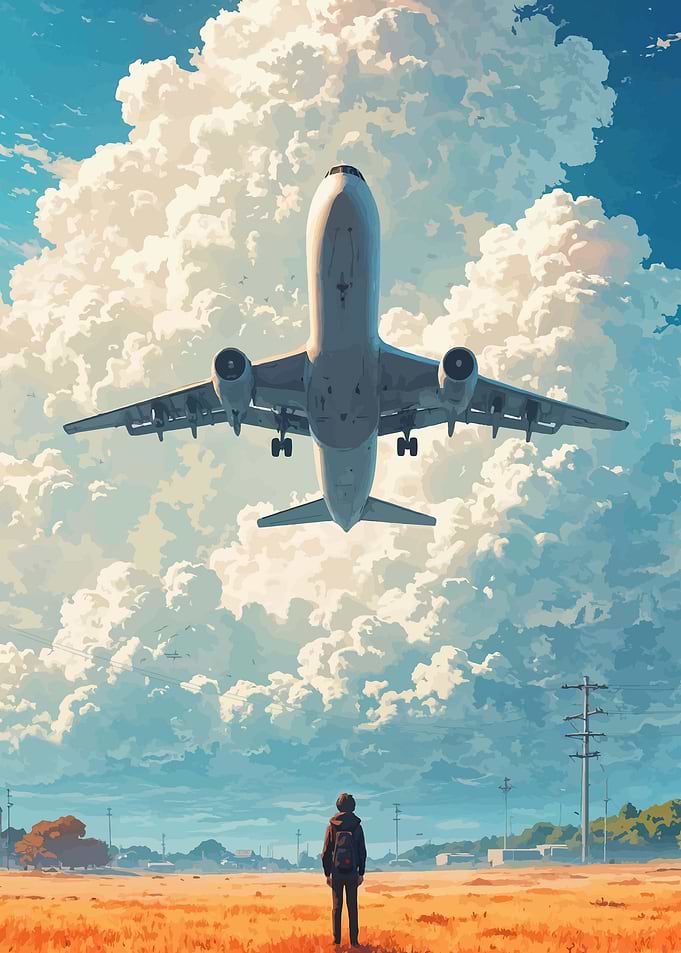 Child watches airplane ascend into clouds