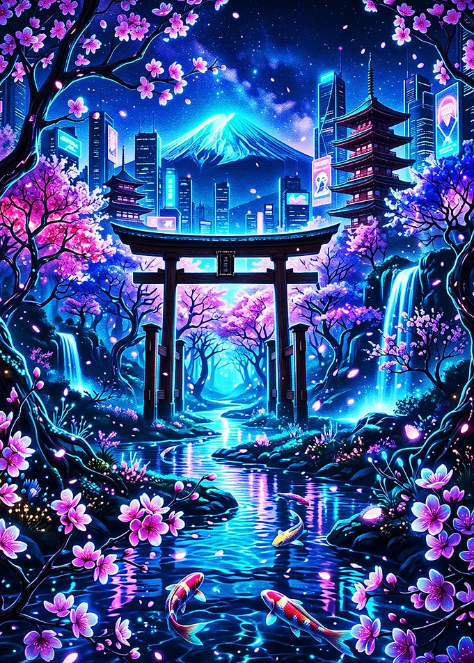 Neon Cherry Blossom Torii Gate Landscape