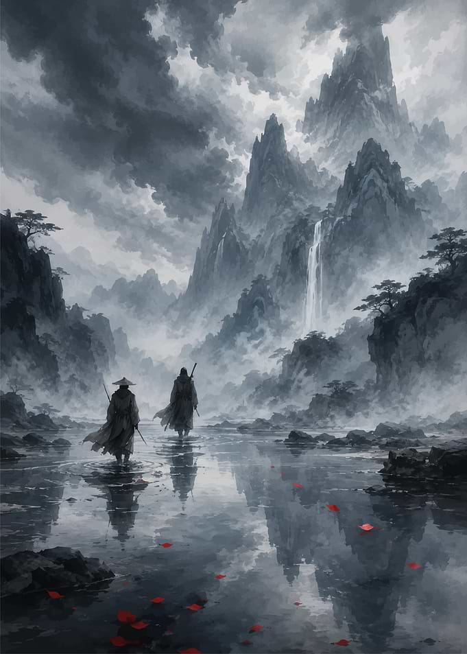 Two travelers in a misty mountain landscape