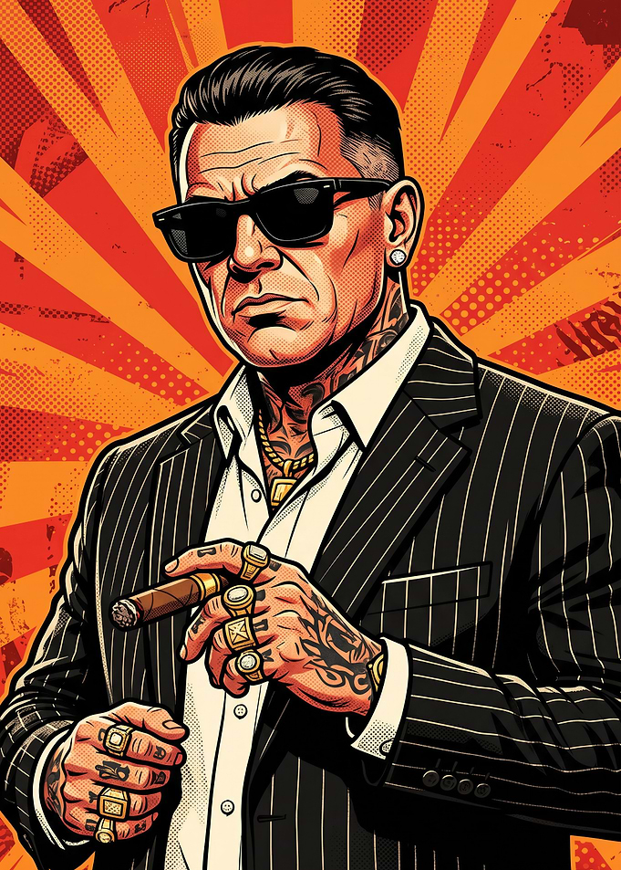 Tattooed Man in Suit with Cigar