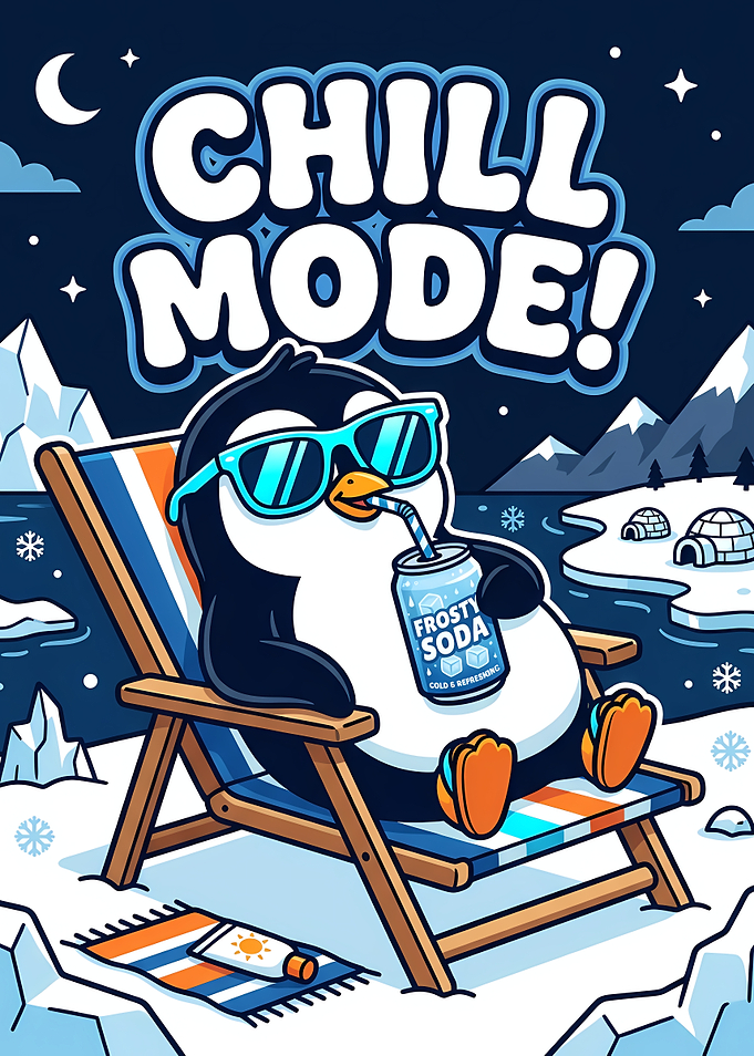 Chill Mode Penguin Enjoying Frosty Soda on an Icy Arctic Night Landscape Cartoon Illustration