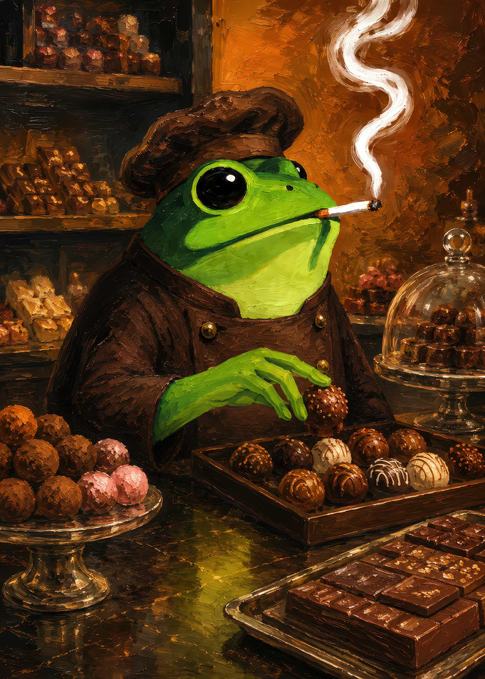 Frog Chocolatier Smoking a Cigarette