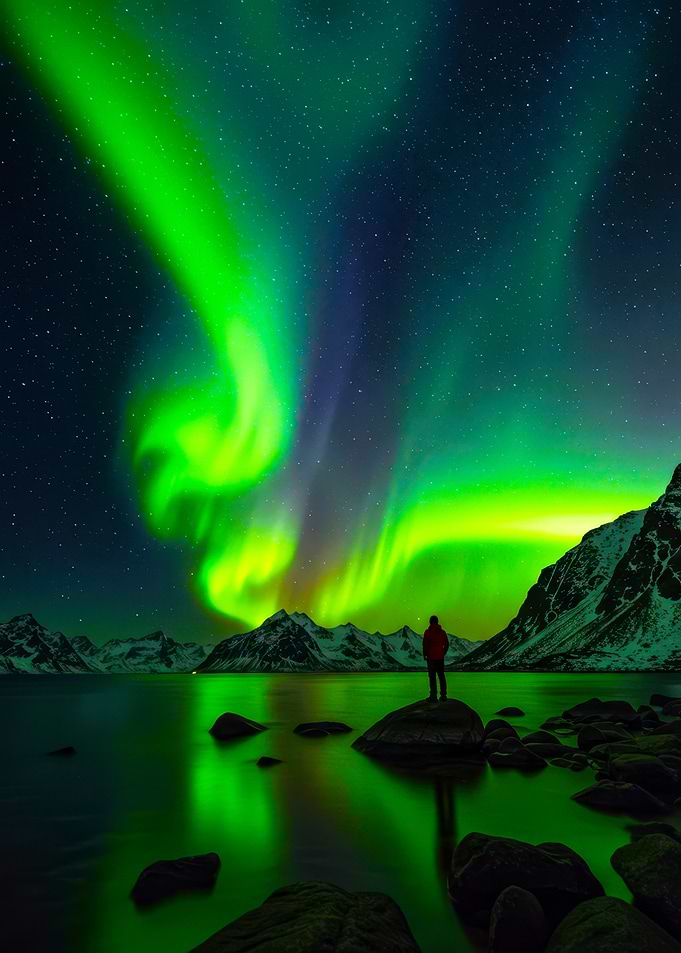 Man watches Aurora Borealis over mountains
