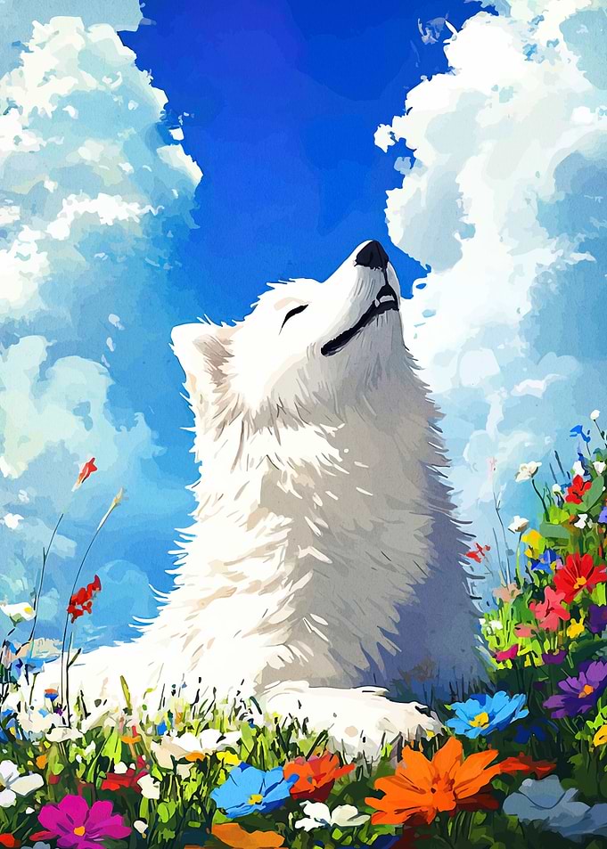 White Wolf in a Field of Flowers