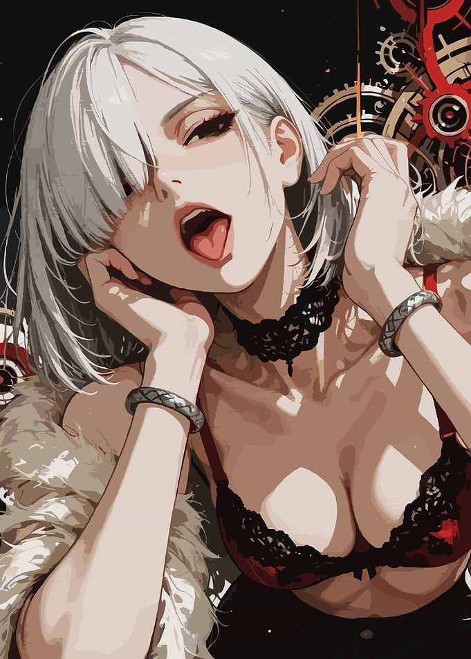 Anime Girl with White Hair and Red Lingerie