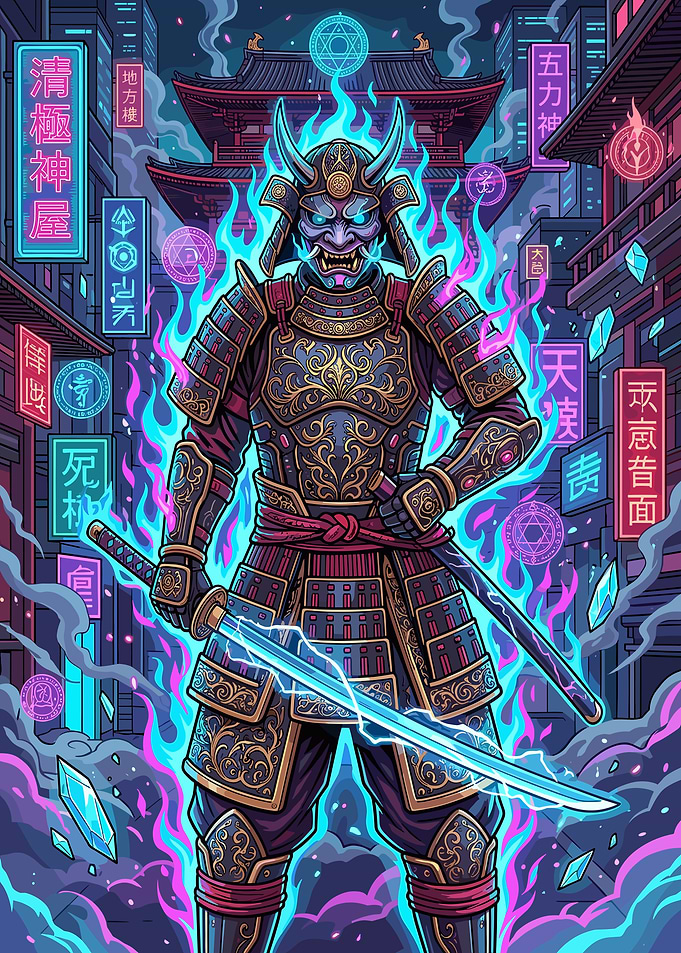 Cyberpunk Samurai with Neon Flames