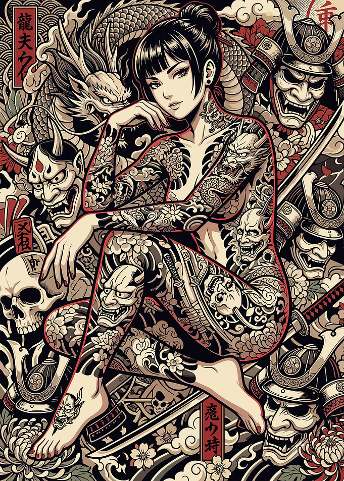 Tattooed Woman with Dragons and Samurai Masks