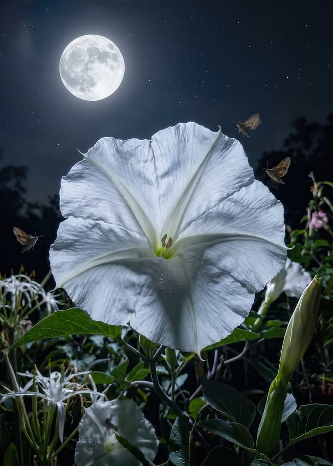 Moonlit Night Blooming Flower with Moths