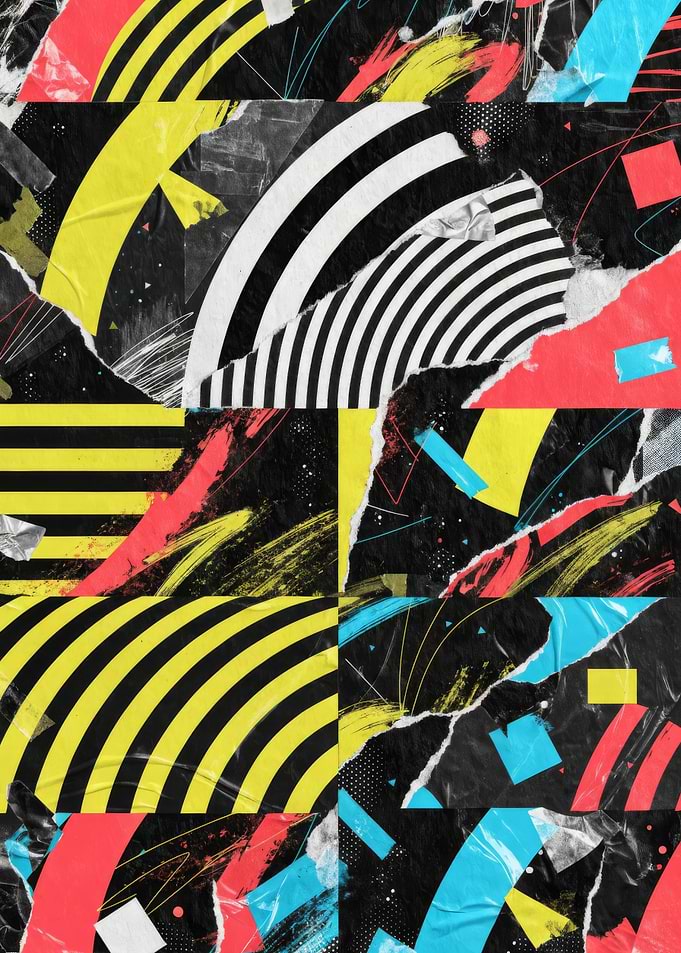 Neon Retro Collage — Bold Arcs, Stripes & Torn Paper Abstract