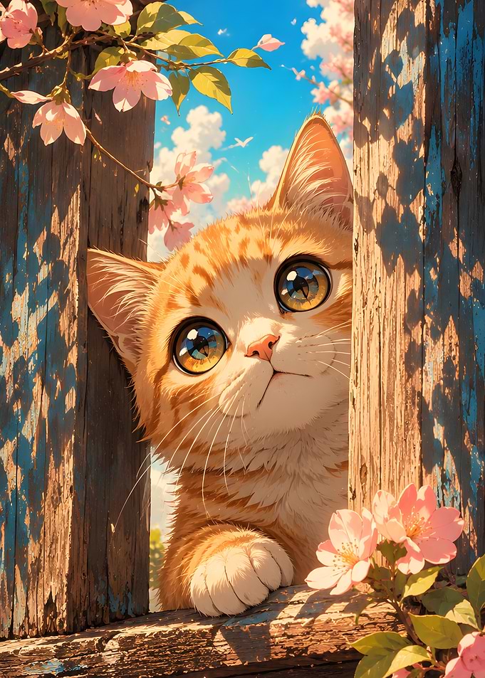 Cute Orange Cat Peeking Through Wooden Fence