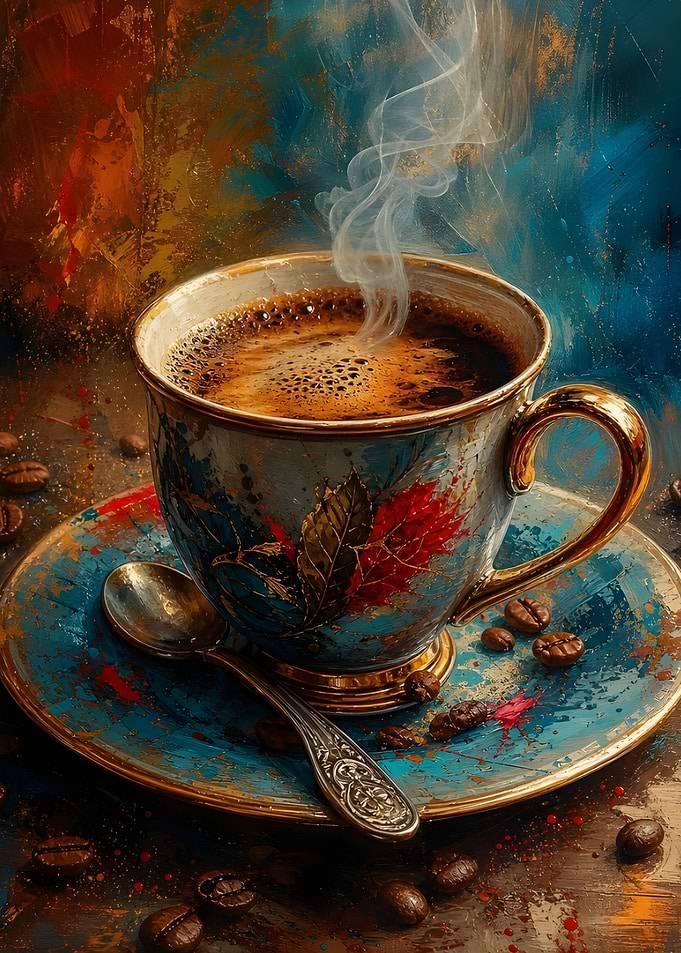Steaming Cup of Coffee with Coffee Beans
