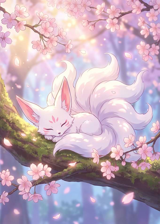 Cute Fantasy Kitsune Fox Napping on Cherry Blossom