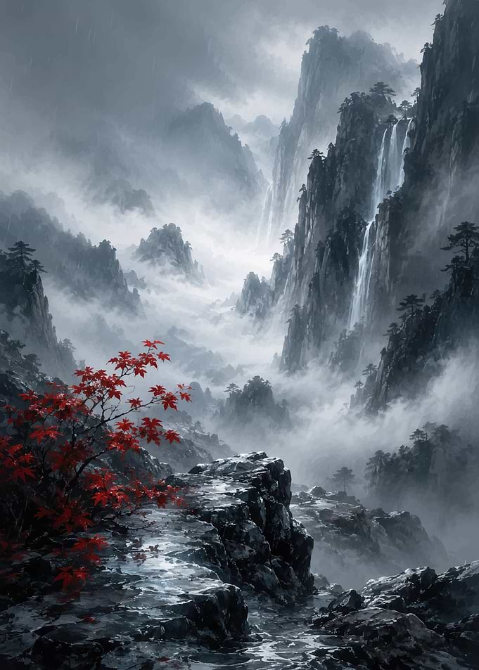 Misty Mountain Landscape with Red Maple