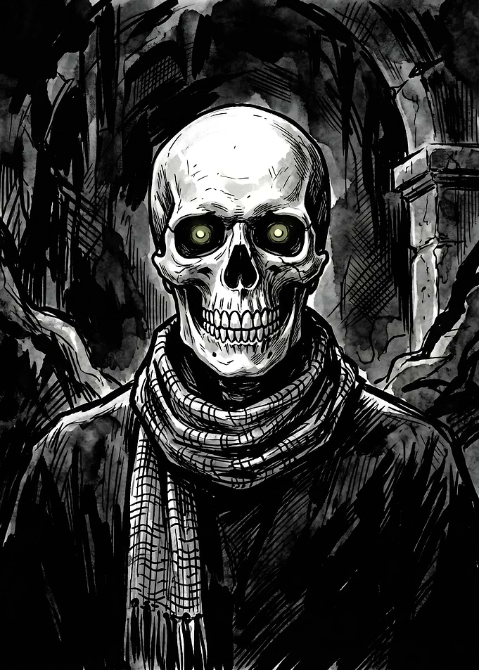 Skeleton with Glowing Eyes and Scarf