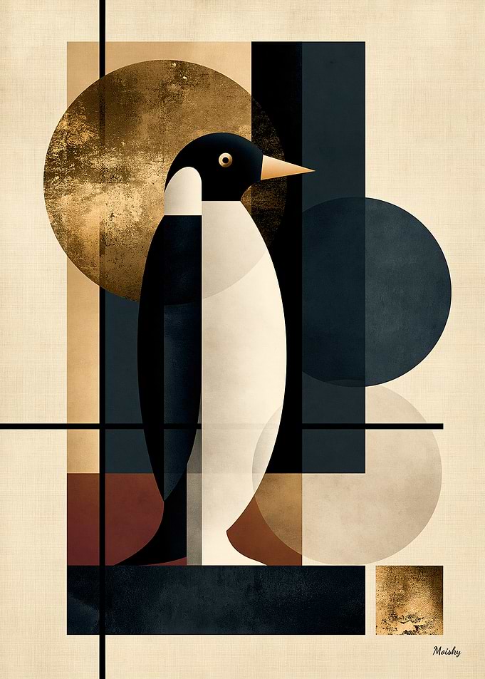 Golden Japandi Penguin No. 08 – Geometric Wall Art
