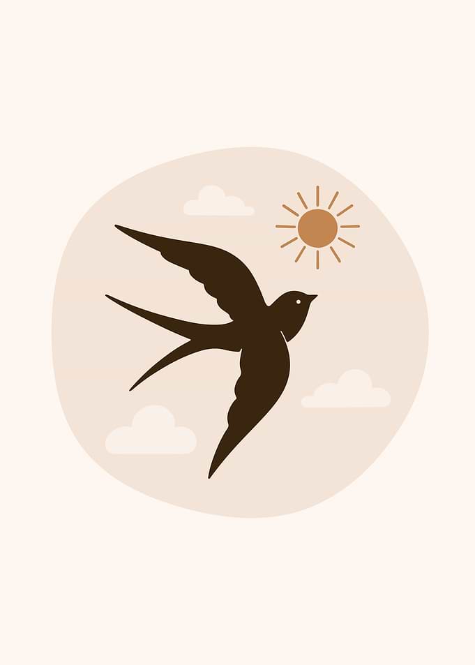 Minimalist Swallow Flight - Boho Bird and Sun Abstract