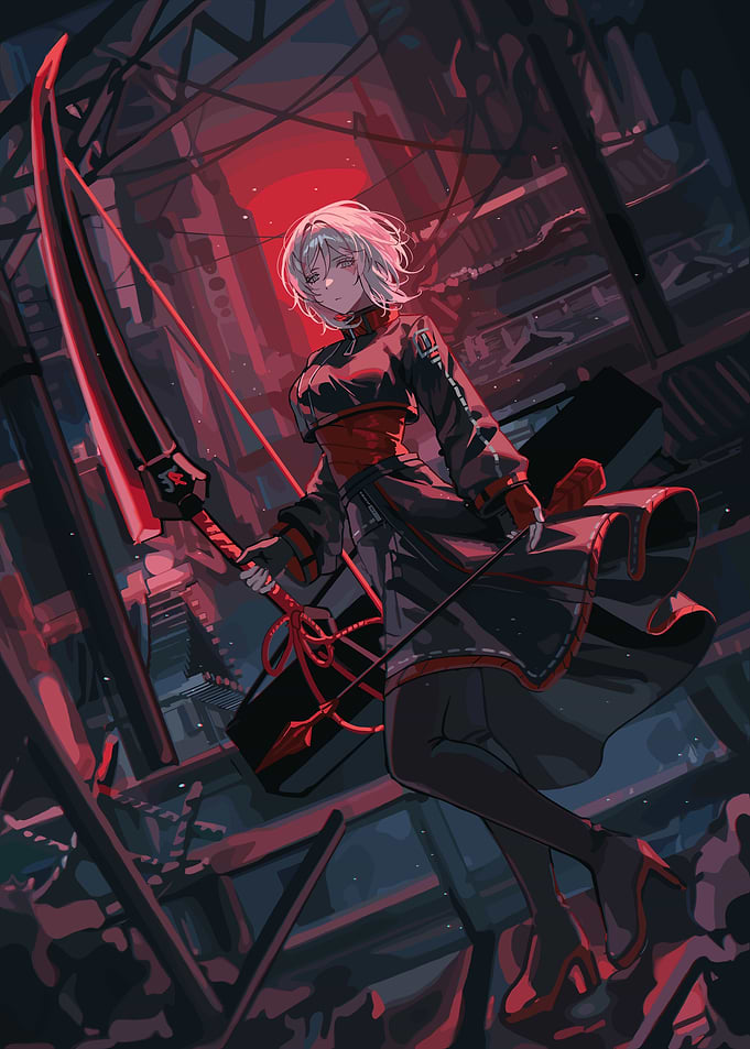 Anime Girl with Scythe in Red Cityscape