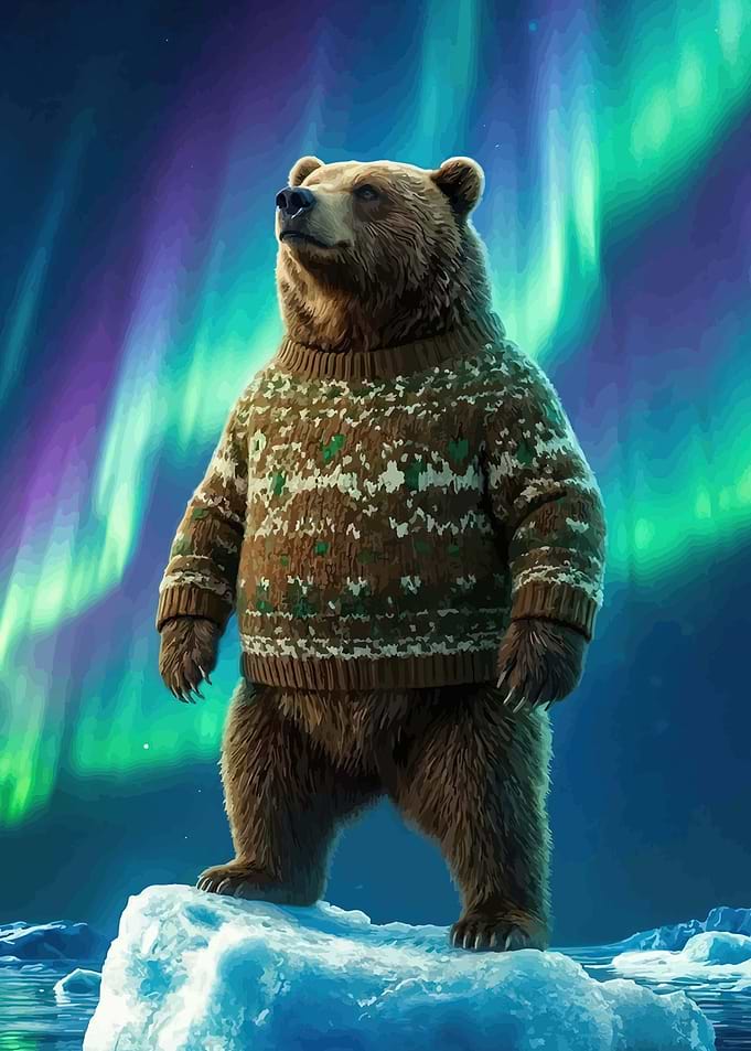 Bear in Sweater Under Aurora