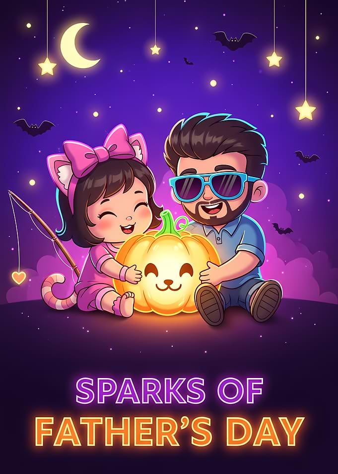 Father and Daughter Hugging Glowing Pumpkin Under Starry Night Father's Day Illustration