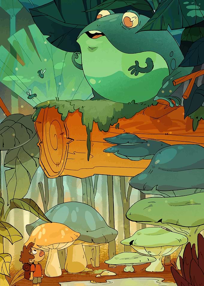 Frog and child in a mushroom forest