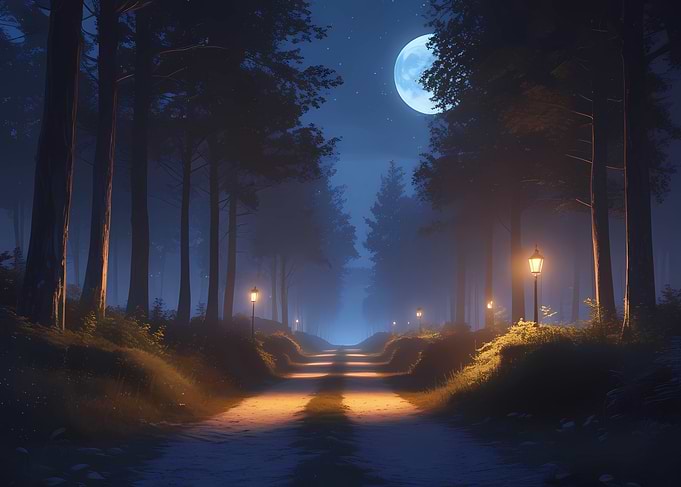 Moonlit Forest Path with Lanterns