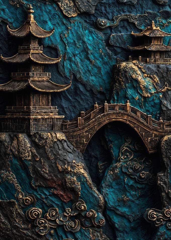 Japanese Pagoda Bridge Mountain Relief