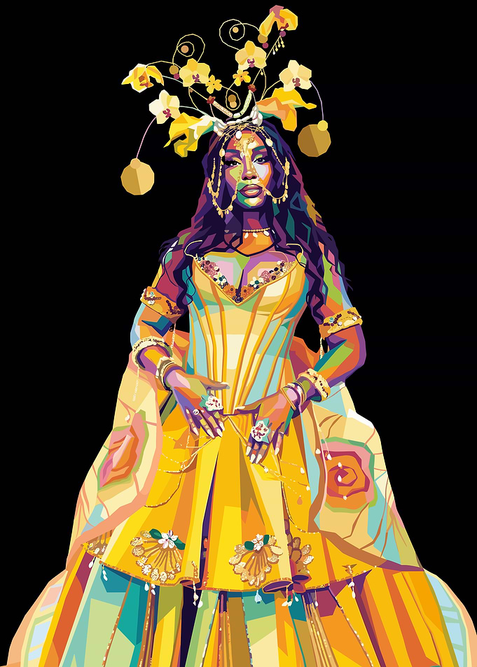 SZA in Yellow Dress with Floral Headdress