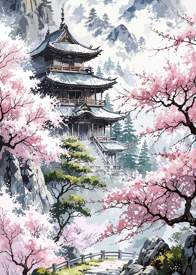 Japanese Pagoda with Cherry Blossoms
