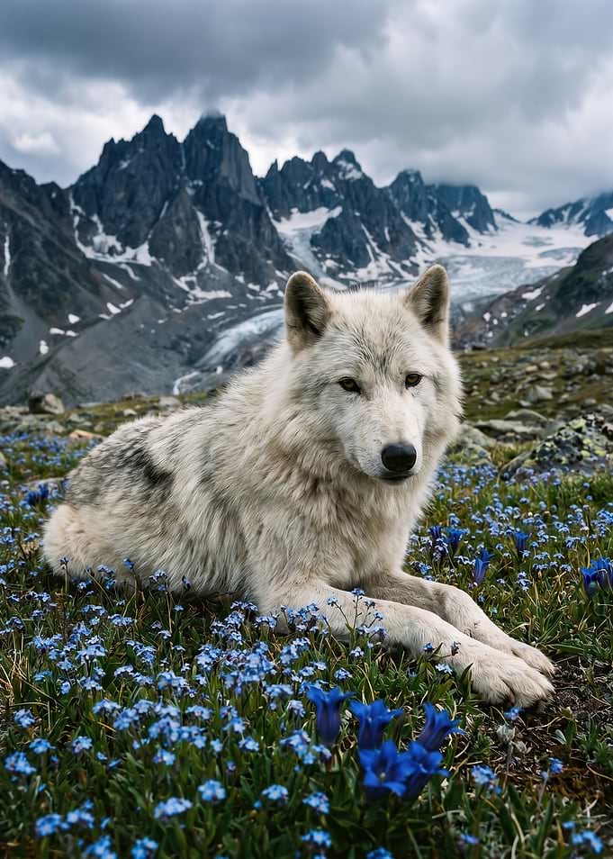 Arctic Wolf in a Field of Blue Flowers