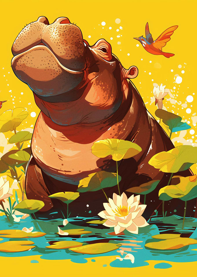 Happy Hippo in a Lily Pond