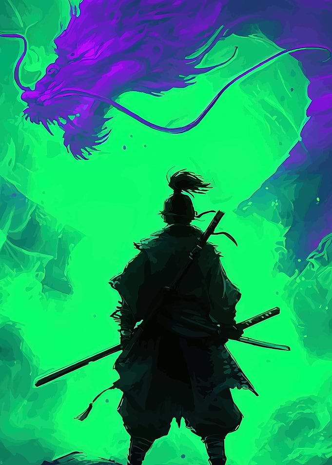 Samurai Facing a Purple Dragon